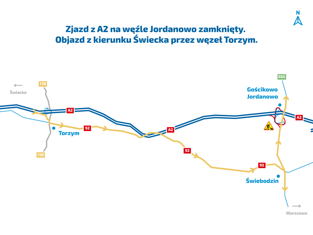Objazd A2 z kierunku Swiecka przez wezel Torzym