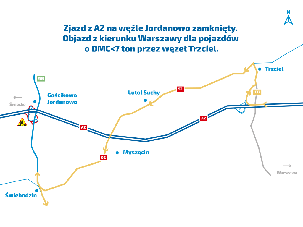 Objazd A2 z kierunku Warszawy dla pojazdow o DMC mniejszej niz 7 ton