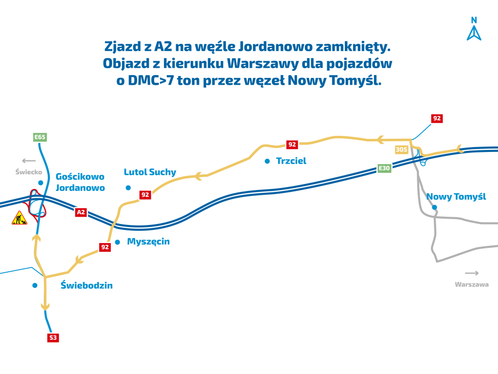 Objazd A2 z kierunku Warszawy dla pojazdow o DMC ponad 7 ton